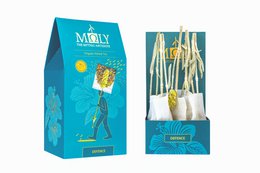 Herbal tea with real herbal stems, packaged in a vibrant blue box with floral illustrations.