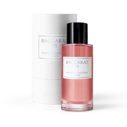  Elegant pink perfume bottle with "BACCARAT 75" label, a luxurious floral fragrance from the Parfum Collection Paris.