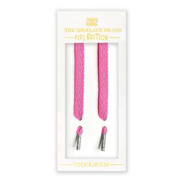 Vibrant pink shoelaces for kids' shoes, featuring a reflective design for enhanced visibility and safety. Durable and adjustable length options.