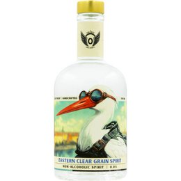  Clear glass bottle, gold cap, Eastern crane bird illustration, non-alcoholic vodka spirit, colorful label design.