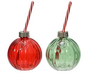 Drinking glass Christmas bauble with straw 10.5cm