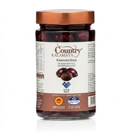  Dark purple Kalamata olives in extra virgin olive oil, glass jar with copper lid, gourmet food product