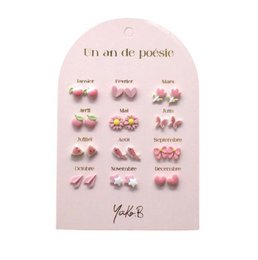  A set of 12 pairs of ceramic earrings in various pink-themed designs, including flowers, hearts, and other whimsical shapes, perfect for a year of pink poetry.