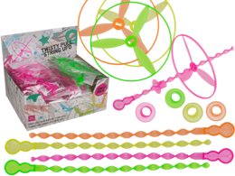 Neon pink green UFO pull-string toy, twisty spinning disc shape, colorful fidget game