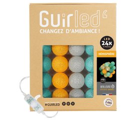 This cotton ball light garland features a mix of colorful cotton balls in shades of blue, gray, and yellow. The garland is designed for use as a night light or ambient lighting in a child's room, providing a warm and cozy atmosphere.