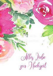  Pink roses peonies floral wedding greeting card with German text, folded card design