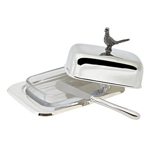 EDZARD botervloot fazant 13x18 cm, H 9 cm, glazen inzet, verzilverd, met botermes