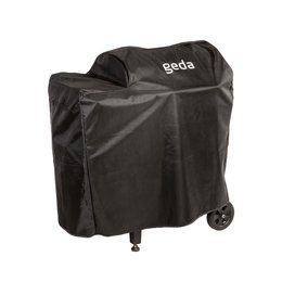 A black protective cover for a barbecue grill, with the brand name "Geda" printed on it. The cover appears to be made of a durable, weather-resistant material and has a wheeled design for easy transportation.