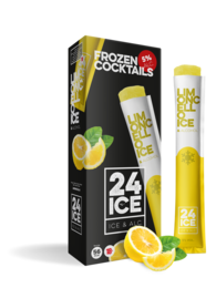 A set of 5 frozen limoncello cocktail popsicles in a black and yellow box. The popsicles feature a lemon slice design and are described as "24 ICE" on the packaging.