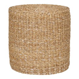  A round, woven pouf made of natural materials, suitable as a footstool or extra seating in a living room or bedroom.