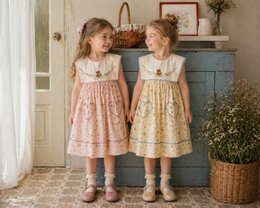  "Kids dress with bear print, short sleeves, blush pink and creamy yellow, sizes 2Y-7Y"