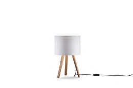 Tall, modern floor lamp with a white cylindrical shade and wooden tripod base. Provides ambient lighting for a living room or bedroom.