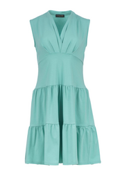 Sleeveless jade green cotton jersey dress, tiered A-line silhouette, V-neck, casual summer style.