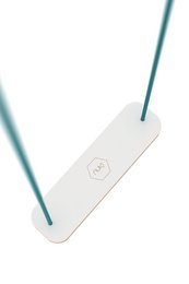 A white rectangular swing with green rope, suitable for indoor or outdoor play.