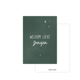 Dark green card with starry sky design and text "Welkom lieve jongen" (Welcome dear boy).