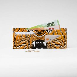 A vibrant, tiger-patterned Tyvek® cardboard wallet/purse with a fierce tiger face design. The wallet is suitable for storing cash and cards.