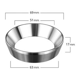 Stainless steel funnel for portafilter, barista accessories. Dimensions: 69mm diameter, 51mm height, 17mm thickness. Designed for use with E61 brew group and 51mm portafilters.