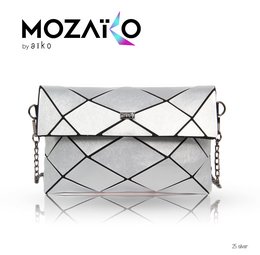 Silver-colored pouch with a geometric pattern and chain strap, suitable for use as a handbag.