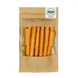 Orange 50g fruit snack, made of nuts, with a vibrant orange color and cylindrical shape.