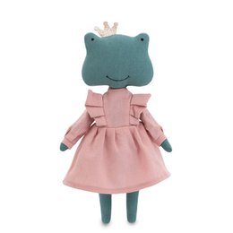 Soft plush toy frog with a pink dress and crown. Ideal for children's play and decoration.