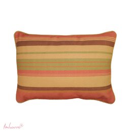 Rectangular cushion with warm, earthy striped pattern in shades of orange, yellow, and brown. Suitable for use as a decorative accent or for comfort on a couch or chair.
