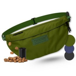 A black belt bag with adjustable strap and multiple zippered compartments. Available in black, blue, and green color variants.