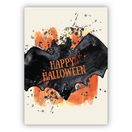  Artistic Halloween greeting card with bat silhouette and colorful splatter design. Features the text "Happy Halloween".