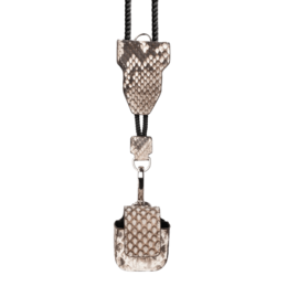 Airpods case made of natural python leather with a carabiner. The case has a snakeskin pattern in shades of brown and gray.