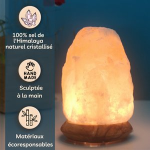 USB-lamp uit Himalayazoutkristal – steen 600 g – houten voet – decoratief object