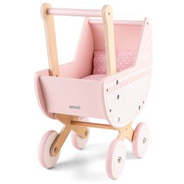 A pink and white wooden doll's pram with a canopy and wheels. The pram has a classic, vintage-inspired design.