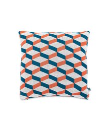 Cushion cover with geometric pattern in shades of coral, blue, and white. Rectangular shape with textured surface.
