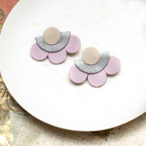 Large Flowers Stud Earrings - beige silver pink leather