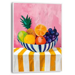  Vibrant fruit bowl with pineapple, orange slices, and grapes on a striped background. Suitable for home decor, posters, or product images.