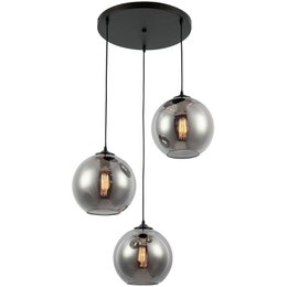 Hanging lamp with 3 smoke glass pendant lights. Spherical glass shades in a dark finish create a modern, industrial style lighting fixture.