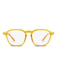  Stylish yellow-framed eyeglasses with a modern, angular design. Suitable for everyday wear and available in multiple color variants.