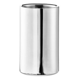 Stainless steel champagne cooler, double-walled, highly polished, 20 cm tall, 12 cm diameter.