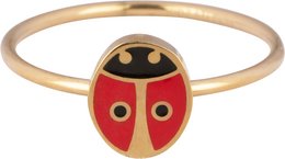 A gold-colored children's ring featuring a ladybug design in red and black. The ring is suitable for sizes 13, 14, and 15, and can be ordered in a set of 3 for an additional cost.