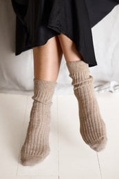 Cozy ribbed knit socks, taupe melange color, comfortable crew length socks for everyday wear