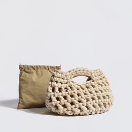 Beige crocheted handbag with a waterproof pouch, available in various colors including mocha, terracotta, red, black, blue, green, mint, lavender, and burgundy.