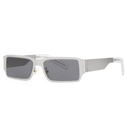 Rectangular silver-framed sunglasses with dark gray lenses.