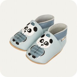  Soft leather baby slippers with panda design, available in sizes 0-6 months to 3-4 years. Features a round, plush panda face with black and white details on a light blue background.