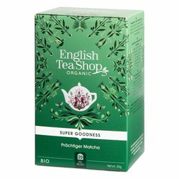 Organic matcha green tea in tea bags, with a floral and botanical design on the packaging.