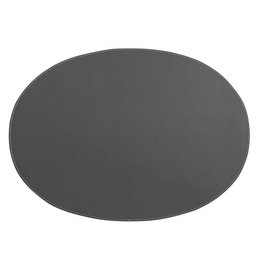 Oval-shaped leather placemat or pad in a grey color. The product is suitable for use as a table accessory or decor item.