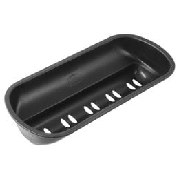A black, rectangular bread mold with a traditional design, suitable for baking stollen, a classic German Christmas bread.