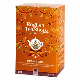Organic intense chai tea from the English Tea Shop, featuring a vibrant orange and yellow floral design on the packaging. The tea is made with a blend of black tea, spices, and natural flavors for a rich, aromatic chai experience.