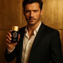  Rich Man Duke is a luxurious men's perfume with a bold, masculine scent. The perfume features a sophisticated blend of notes including citrus, spice, and woody accords, creating a rich and sophisticated fragrance.