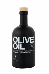 Black ceramic bottle containing organic extra virgin olive oil. Sleek, minimalist design with bold white text.
