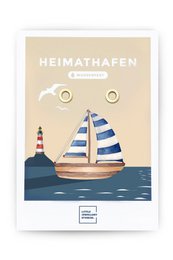  Gold and silver stud earrings with a nautical design featuring a sailboat and lighthouse.