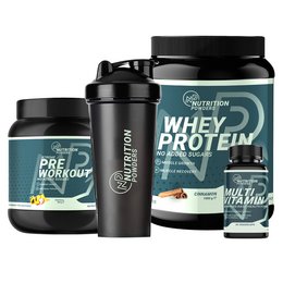 Whey protein powder in various flavors including vanilla, chocolate, and strawberry. Includes a pre-workout supplement. Packaged in black and green containers.