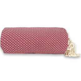 A large, rectangular dark red throw with a plaid pattern and tasseled edges. The throw appears to be made of a soft, textured fabric and is suitable for use as a blanket or decorative accent piece.